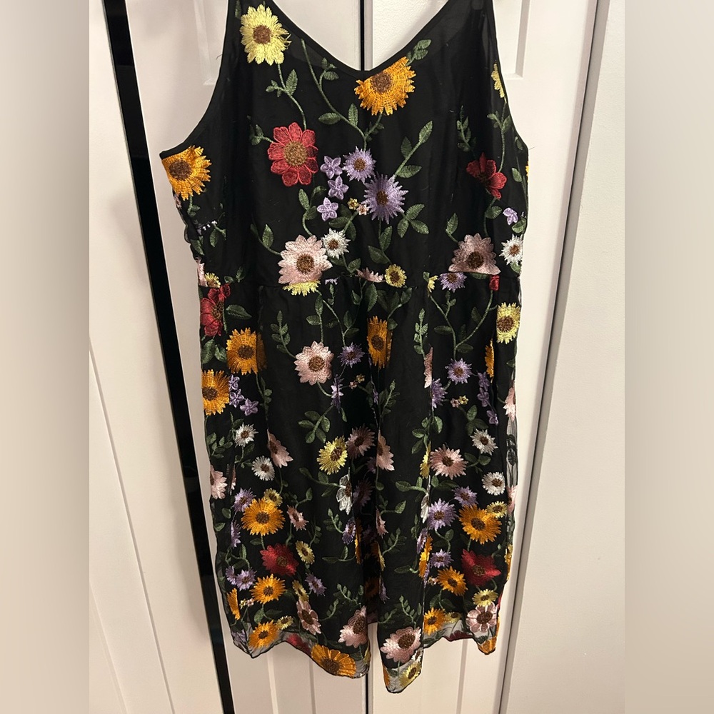 BloomChic Black Dress with Colorful Floral Embroidery